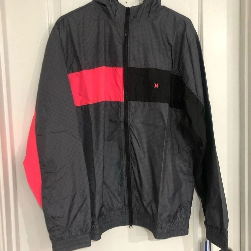 Hurley Mens Windbreaker Jacket Grey‎ Black Neon Pink Ripstop Hooded Size Medium